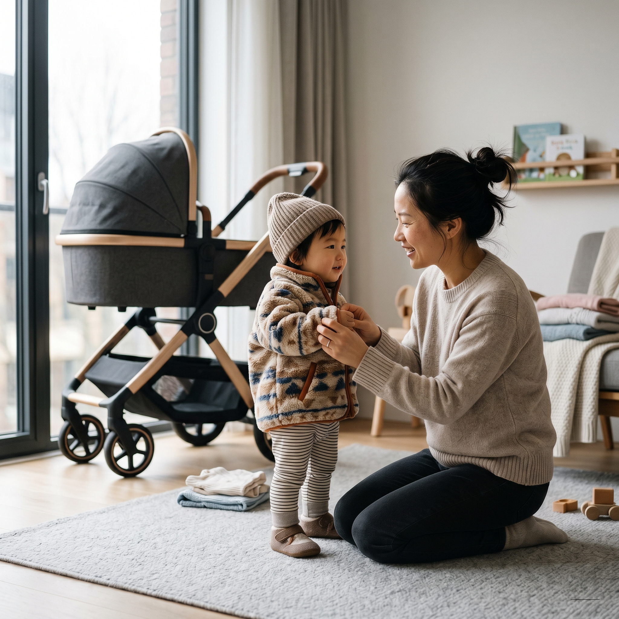 Chinesische Frau zieht ihr Baby an