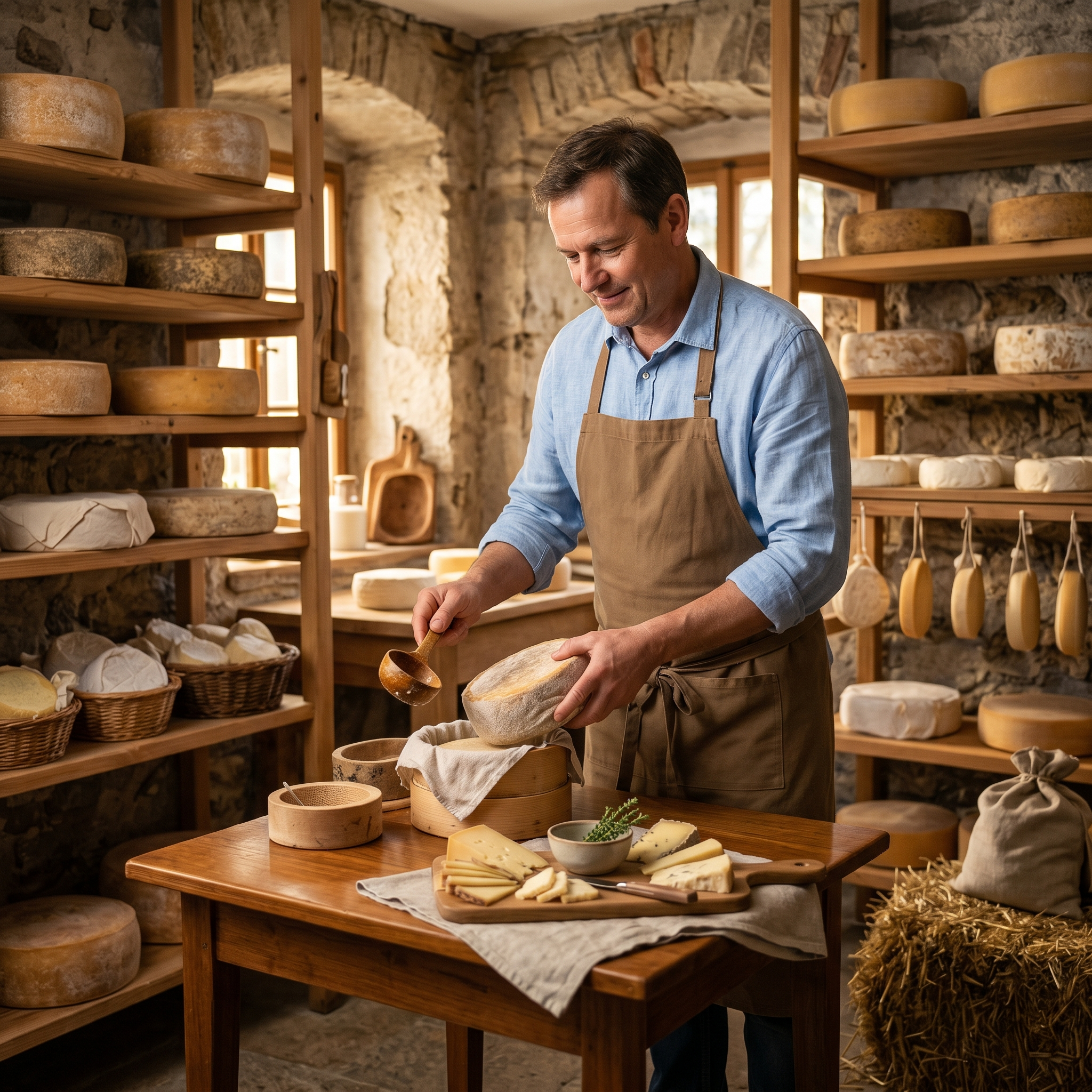 Käsehersteller prüft den Käse