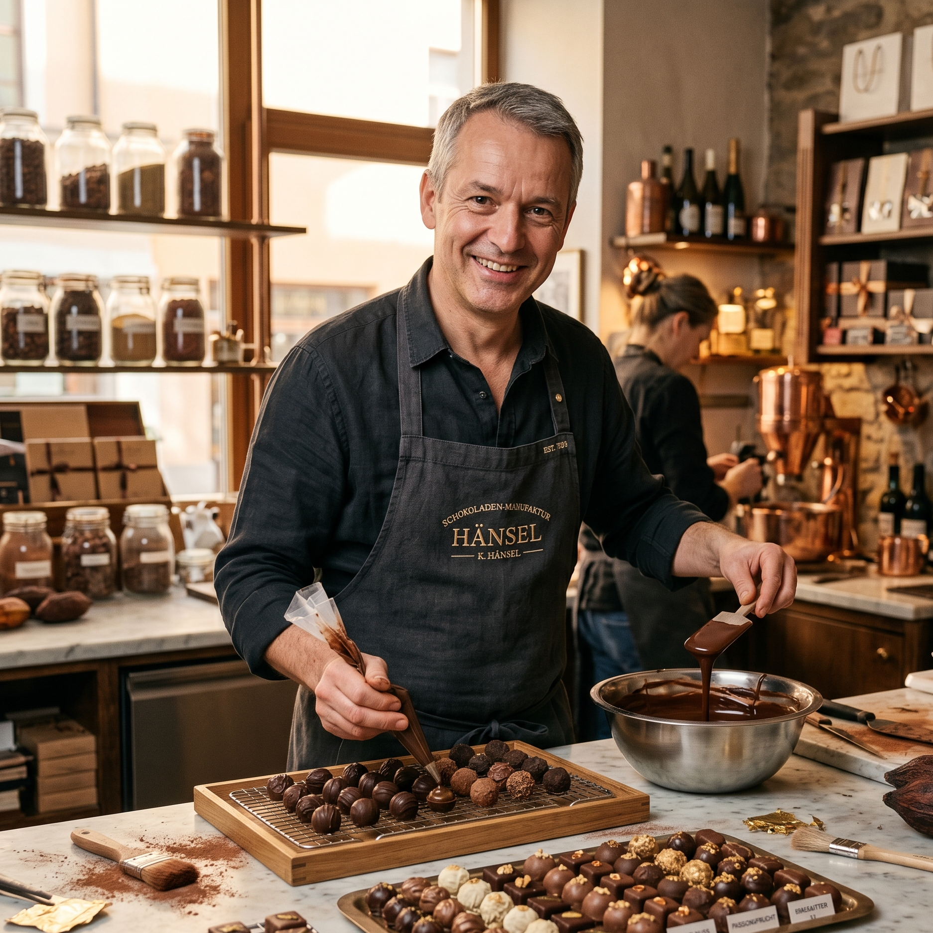Schokoladier präsentiert Pralinen