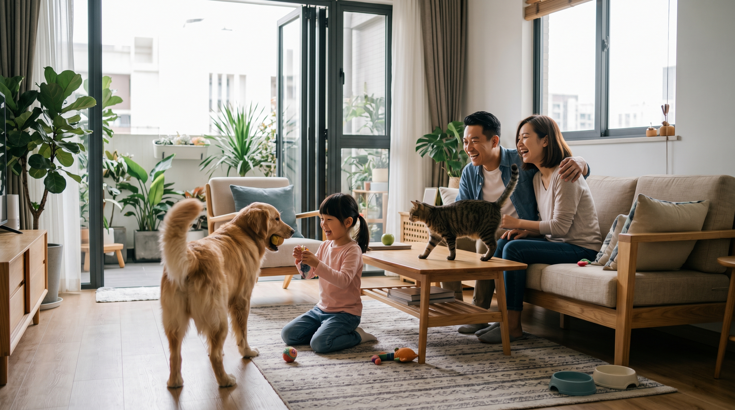 Chinesische Familien beim Spielen mit Ihren Tieren
