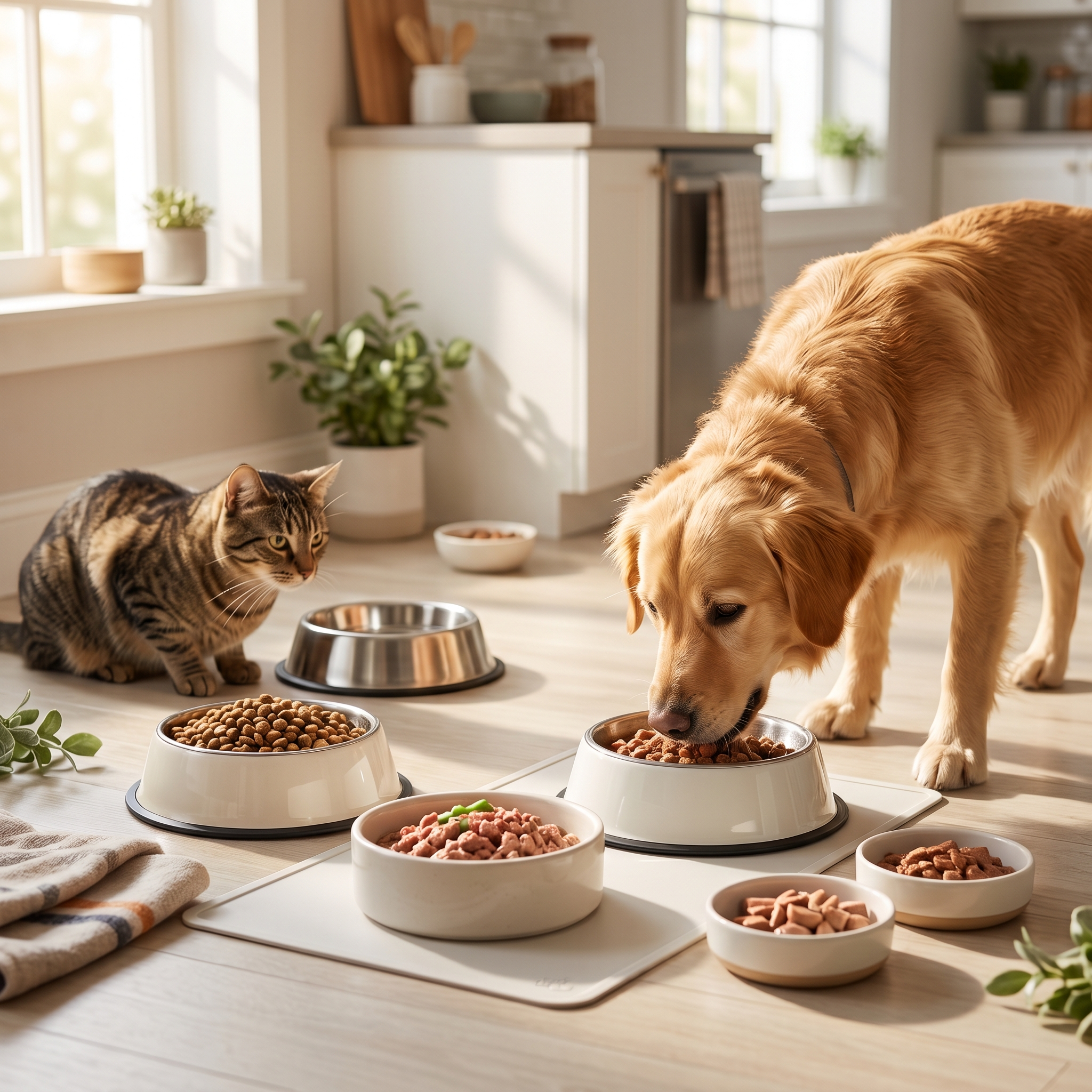 Hund und Katze beim Fressen von Ihrem Futter