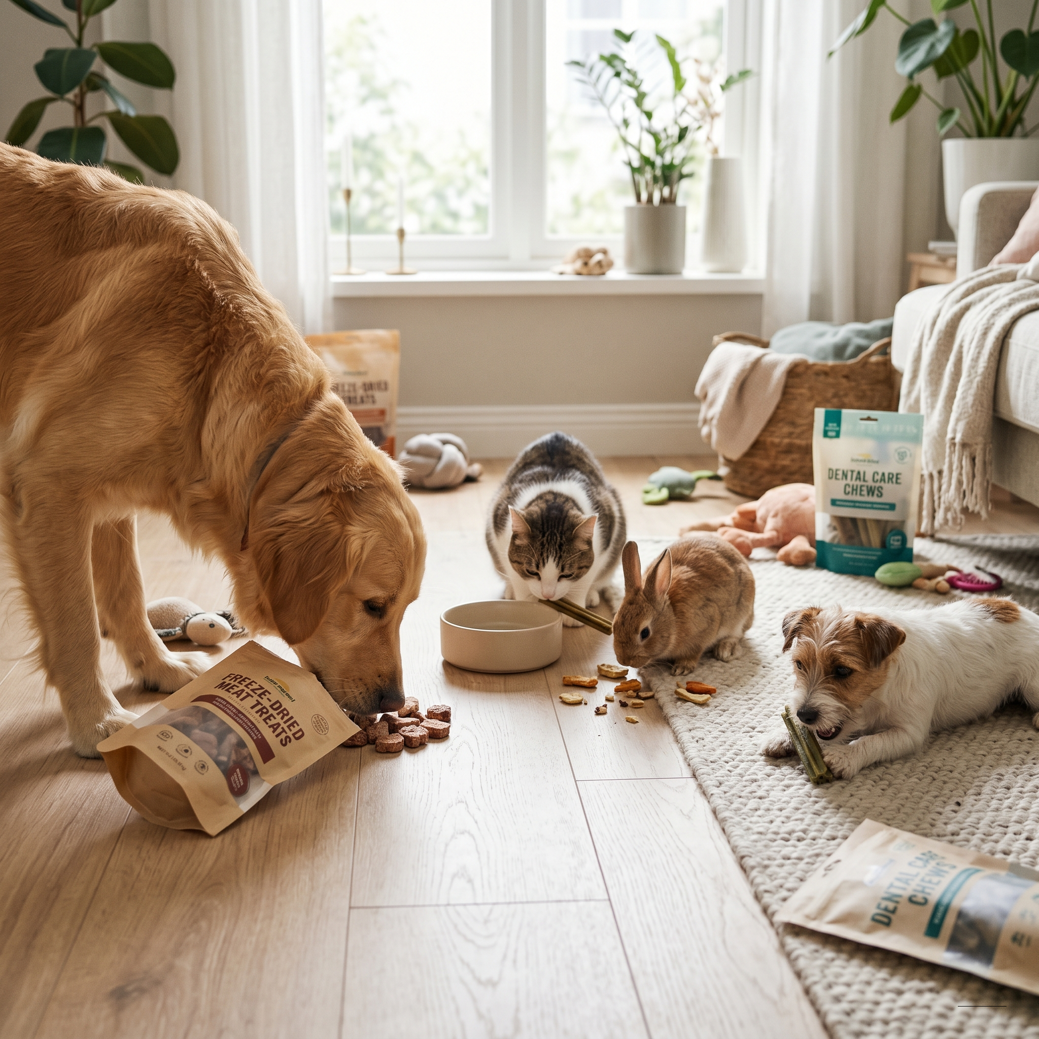 Diverse Tiere fressen ihr Futter