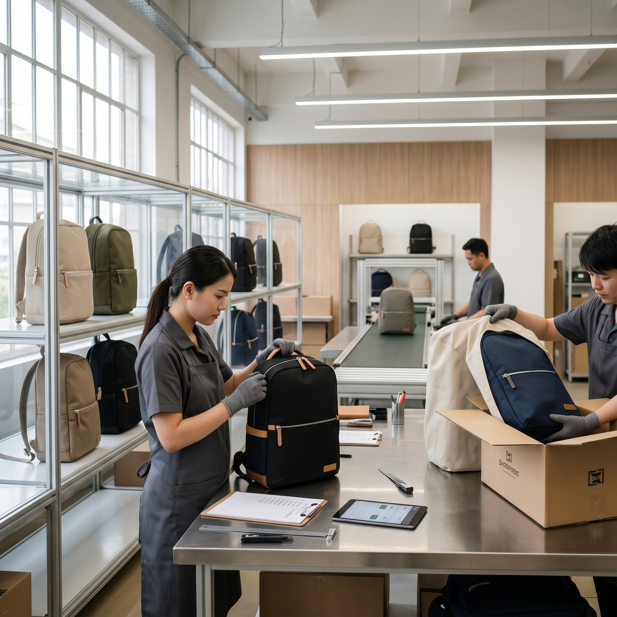 Verpackungsbereich eines Design-Rucksack-Herstellers