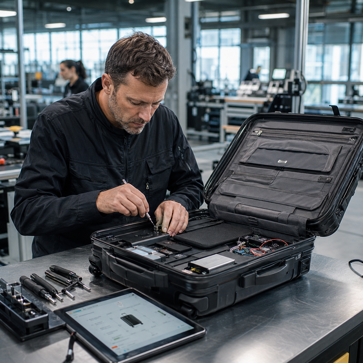 Endmontage von GPS-Trackers im Koffer