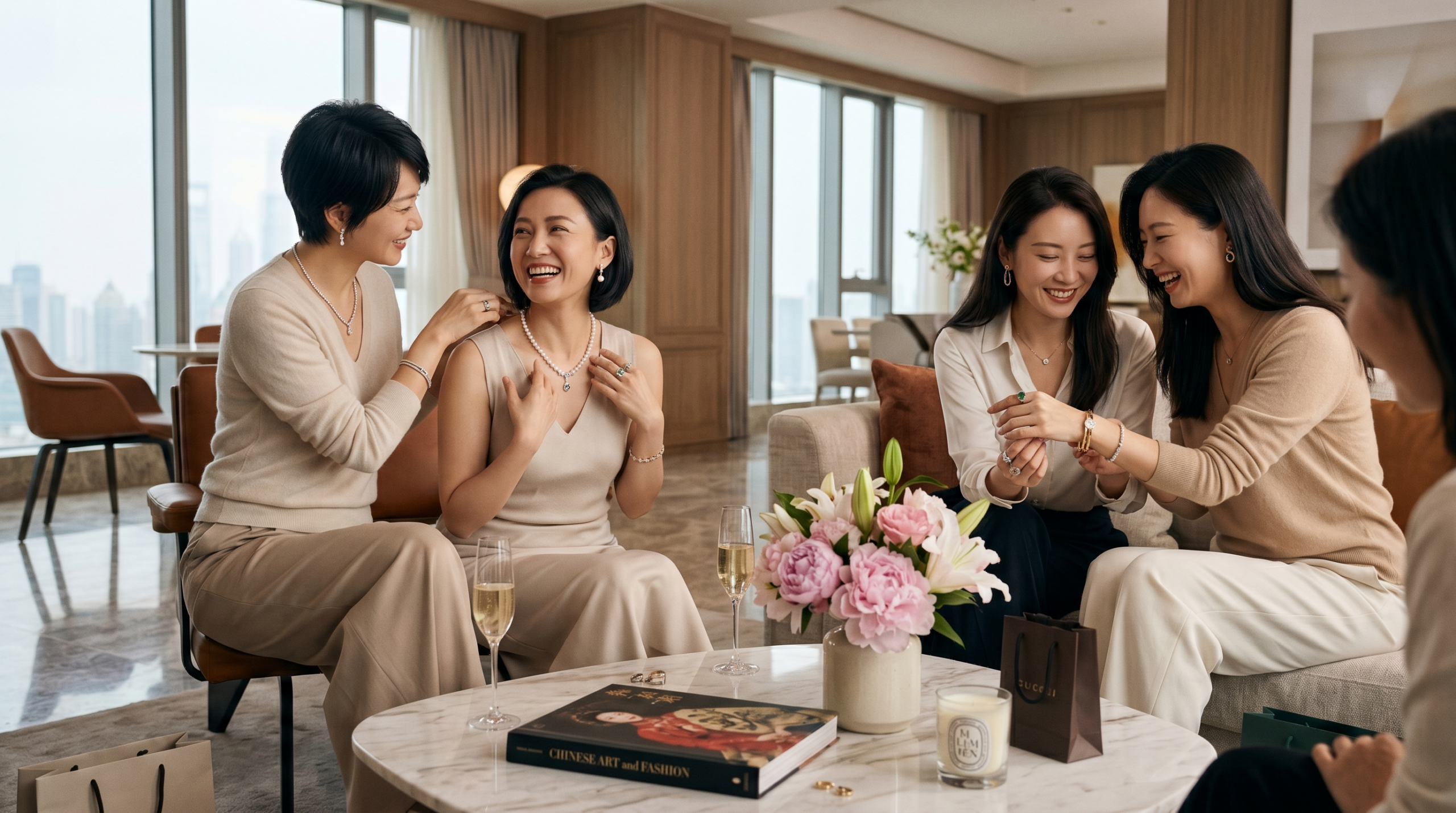 Chinesische Frau schauen sich neuen Schmuck an