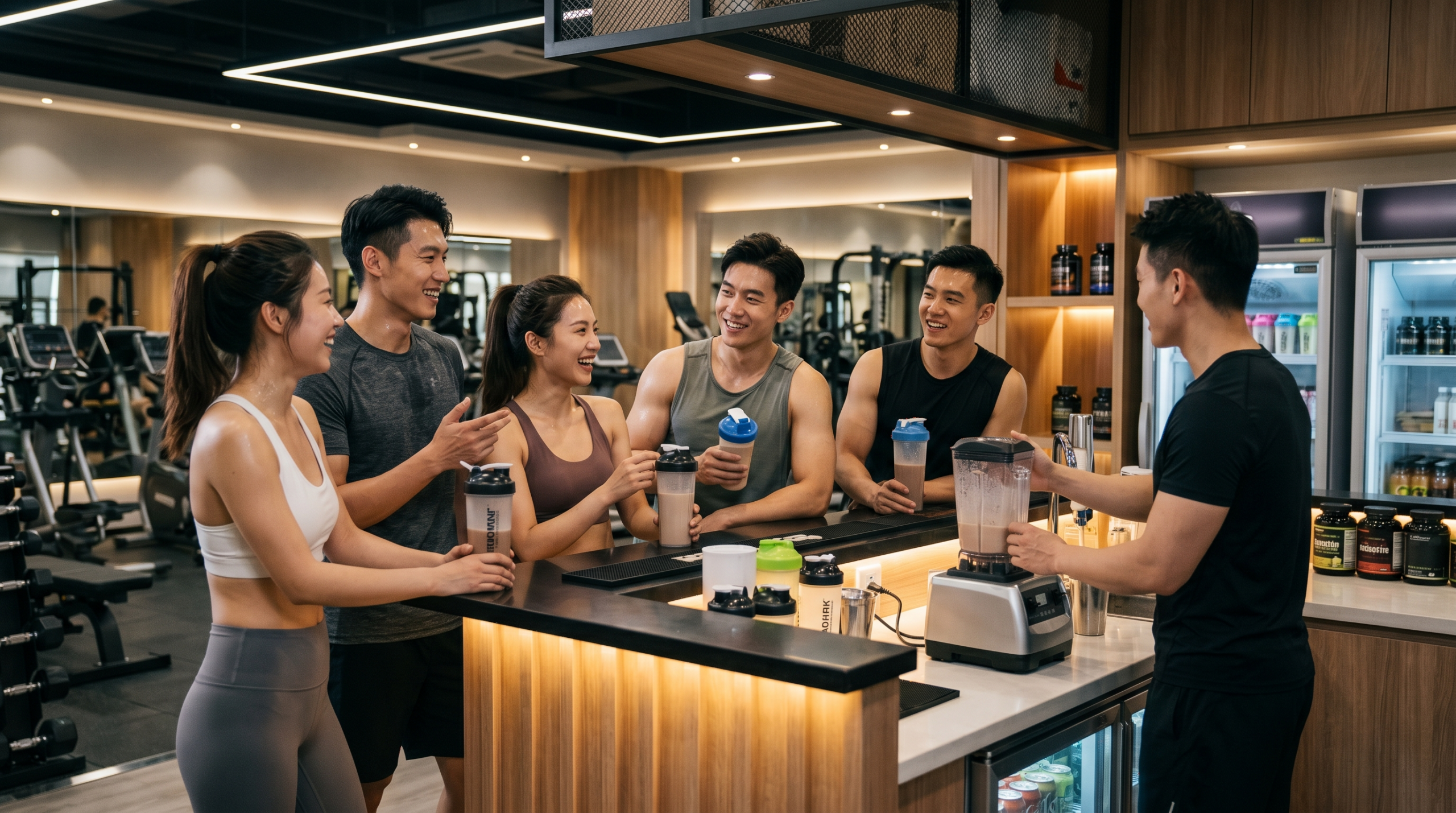 Eine Gruppe von Chinesen trinken Shakes im Fitness-Studio