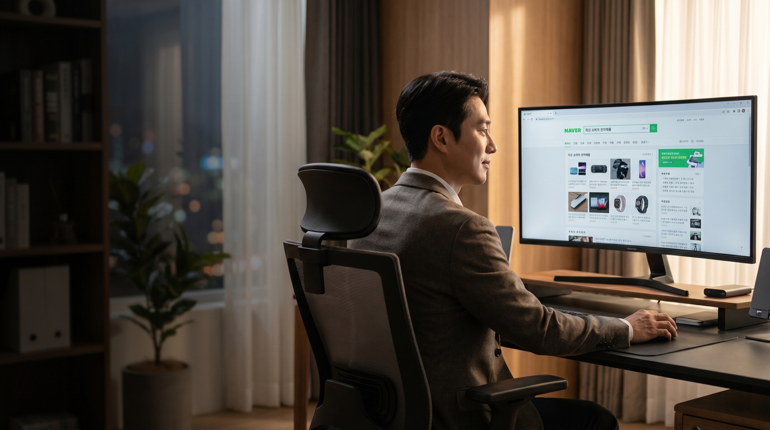 Koreaner sitzt vor Bildschirm und schaut auf Naver