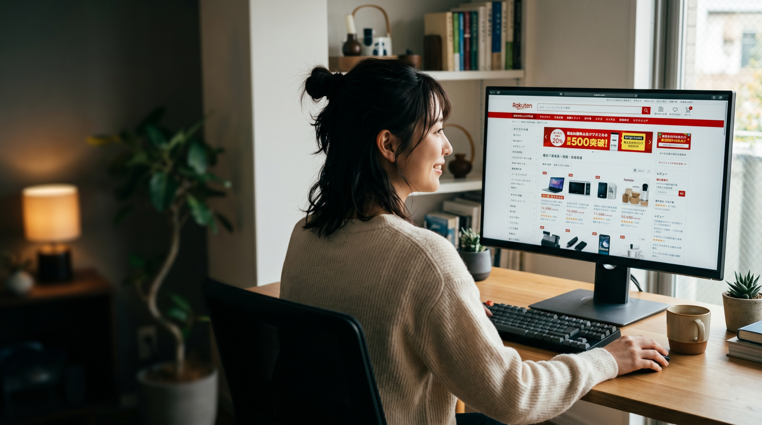 Japanische Frau sitze vor PC