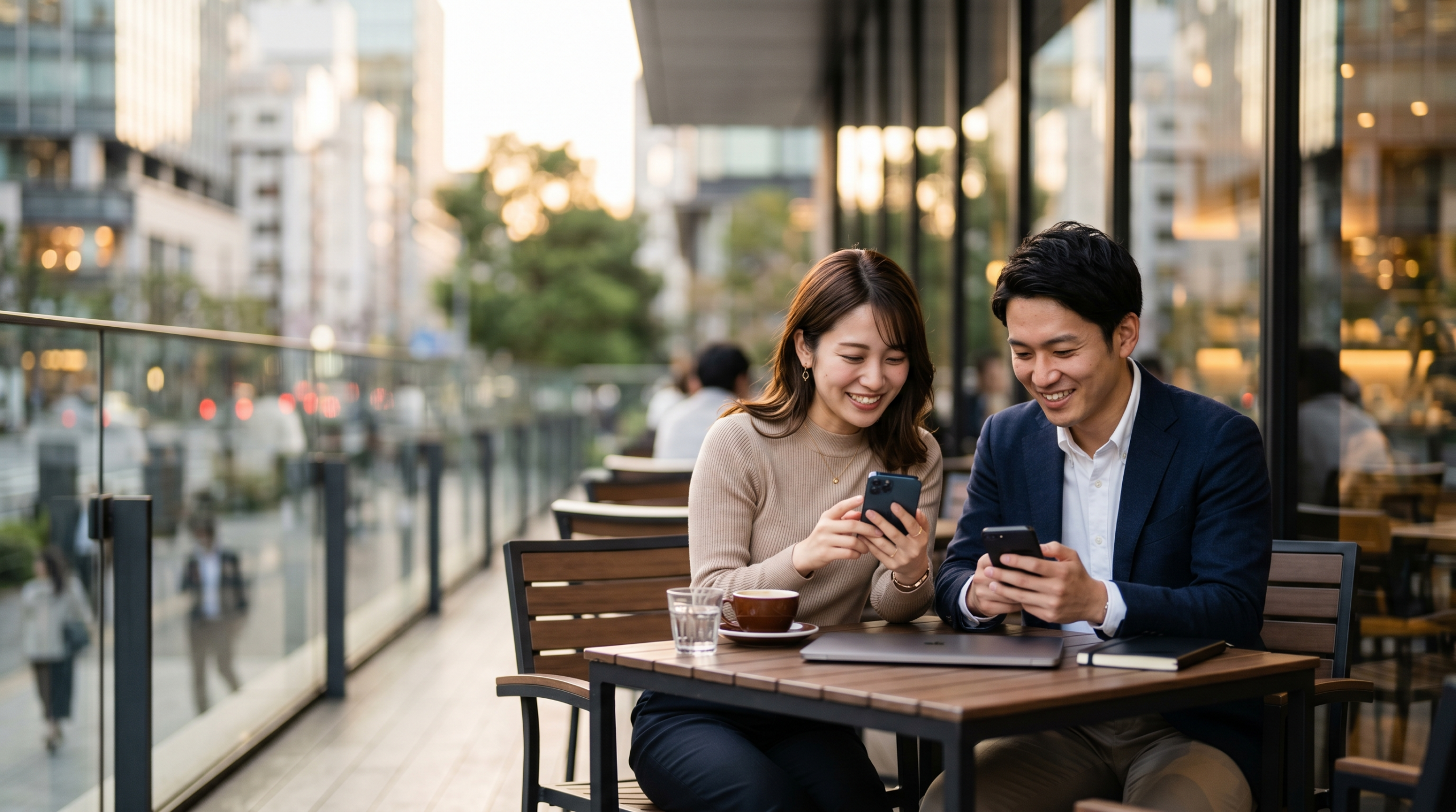 Japanisches Pärchen sitzt im Kaffee und schaut gemeinsam aufs Smartphone